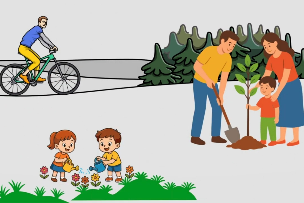 Grafika z dziećmi podlewającymi kwiaty, rodzina sadzi drzewo, pan jedzie na rowerze